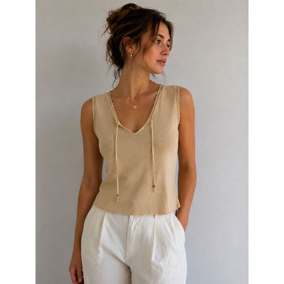 Spenser Jeremy Tops - Spenser Jeremy Silk Blend Knit Tank Top Beige Sleeveless V Neck Y2K Women's L